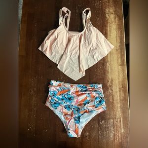 PATRIOTIC PRINT CROP RUFFLED OVERLAY HIGH WAIST PINK BIKINIS